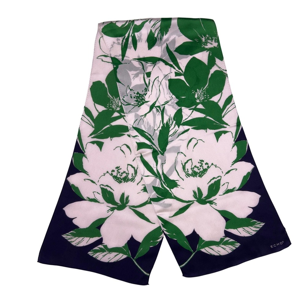 Vtg Echo Silk Scarf Women 11x51 Navy Green White Floral Oblong Scarflette Preppy
